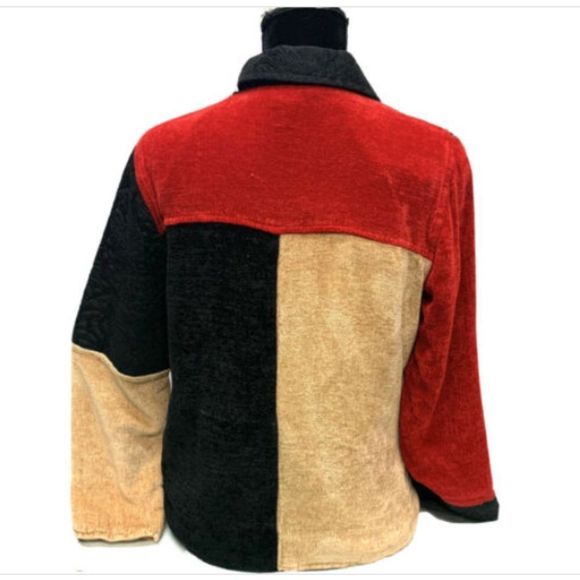 Studio Works Women Jacket Black Red Beige Patches Floral Size Small - Picture 2 of 3
